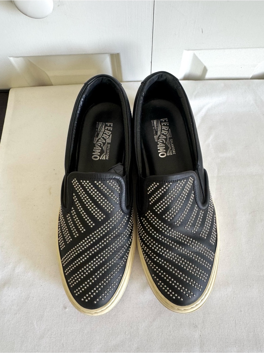 SALVATORE FERRAGAMO Women Navy Leather Studded Slip-on Sneakers 8